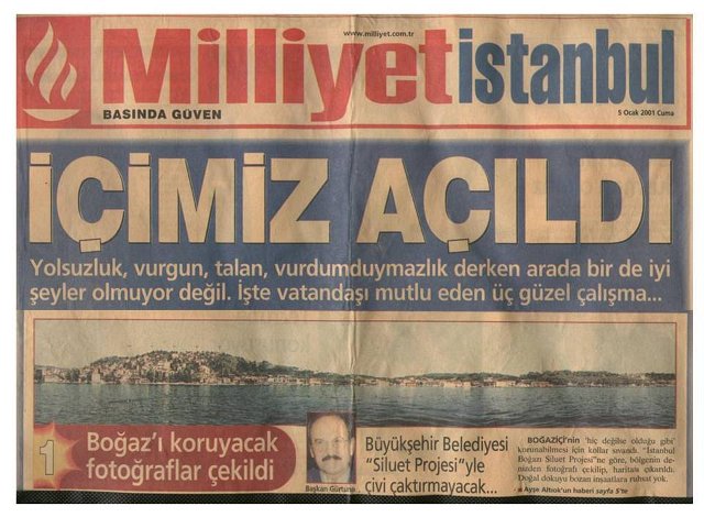 İstanbul Boğazı Silüet Projesi Milliyet Gazetesinde Manşetten Verildi